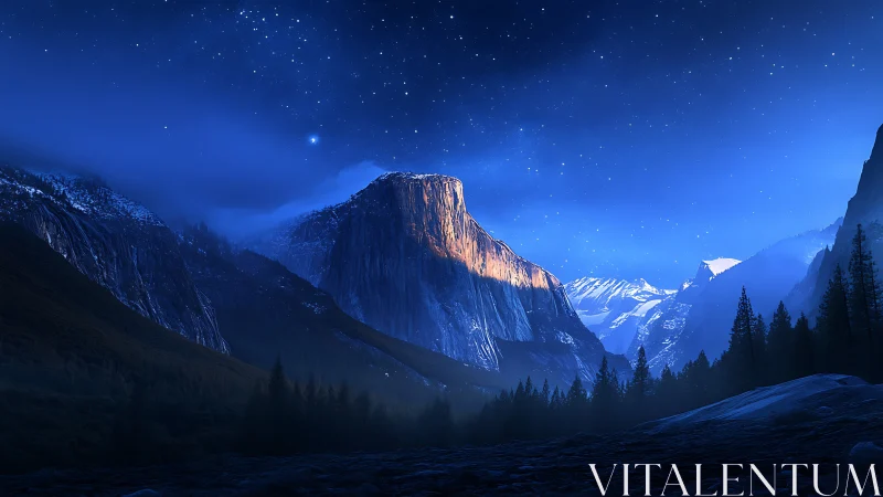 Starlit granite peak rises over a tranquil alpine valley