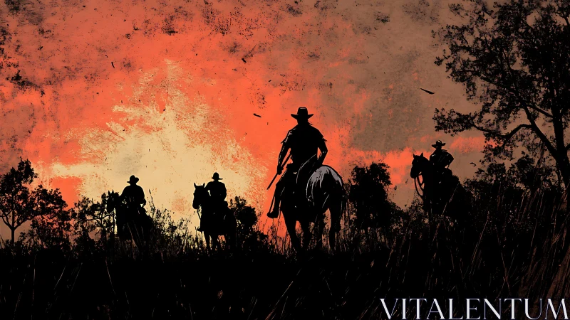 Silhouetted riders on horseback cross ridge at red sunset