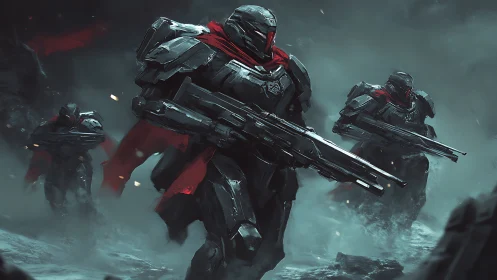 Armored sci fi infantry squad advancing through arctic fog