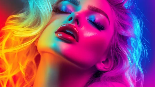 Neon drenched portrait of ecstatic woman in vibrant glow.