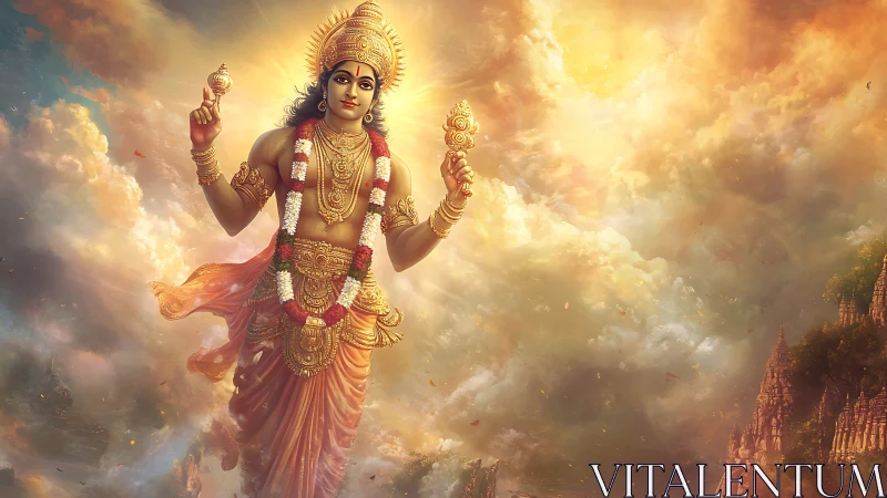 Deity figure floats in radiant clouds holding ornate symbols