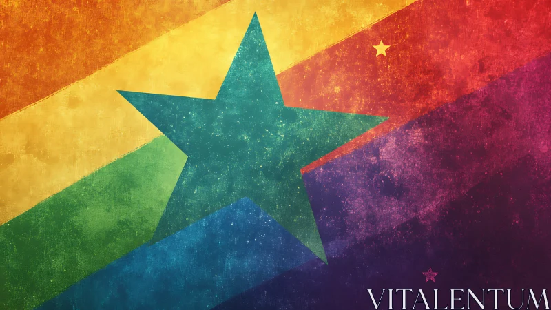 Textured rainbow spectrum with central teal star motif.