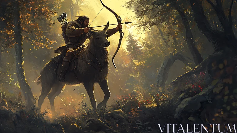 Elven archer on stag stalking prey in golden forest light.