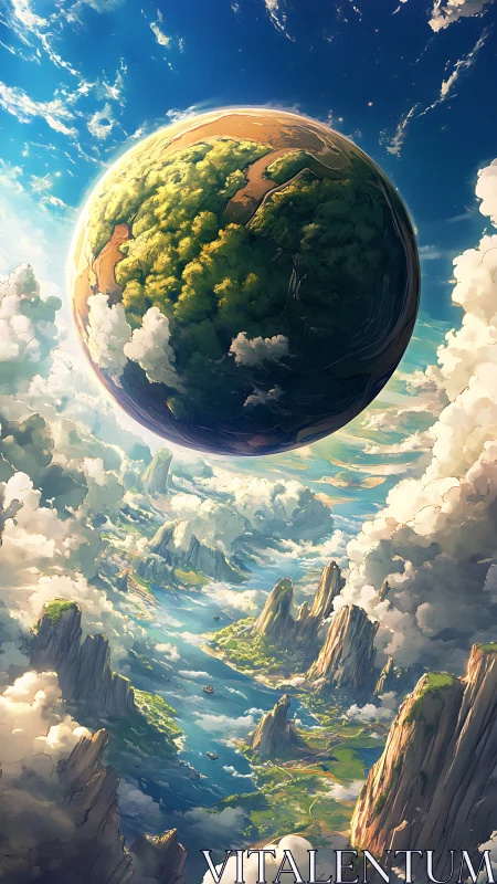 Spherical terraformed world hovers above stratified cloud canyons