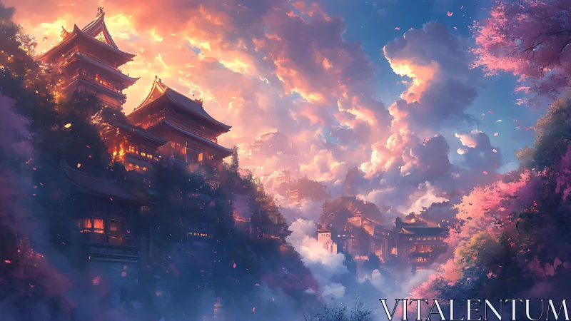 Sunlit mountain temples within drifting sakura clouds.