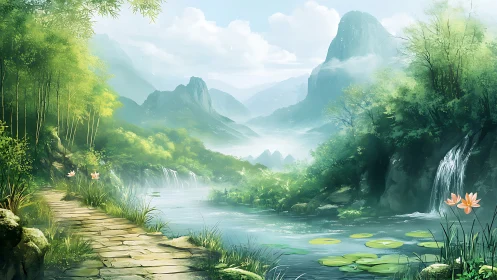 Serene riverside path winds through misty mountains and falls.