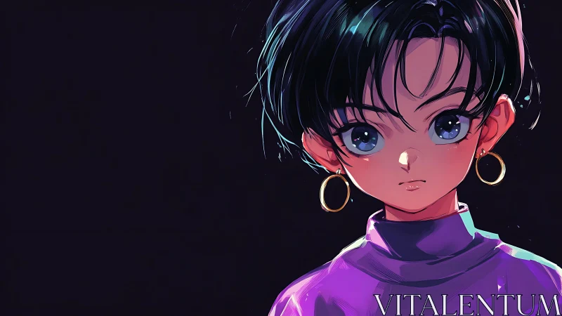 Moonlit gaze of a neon-eyed girl in amethyst turtleneck.