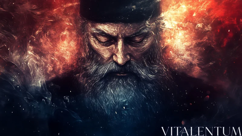 Elderly bearded mystic dissolves into turbulent cosmic nebula