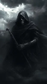 Hooded skeletal figure grips staff in dark storm clouds