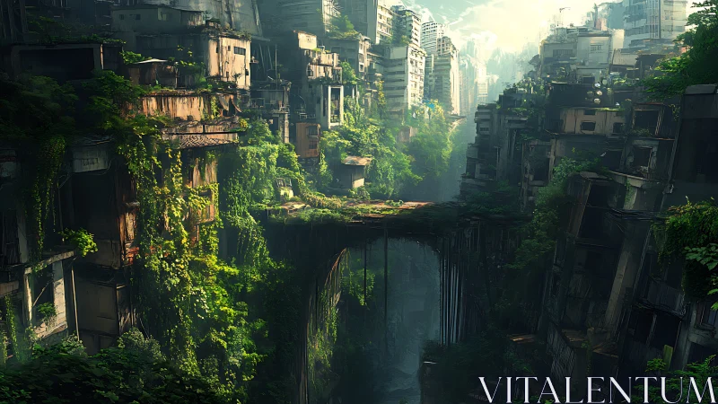 Overgrown urban canyon with collapsed bridge remnant.