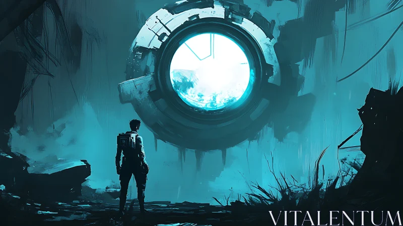 Solitary figure studies illuminated circular portal structure