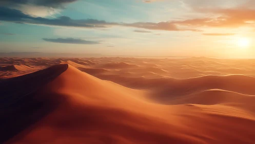 Sunlit aeolian dune field rendered with soft volumetric lighting