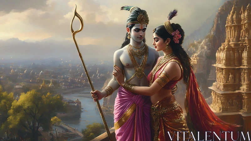 Divine lovers embrace above a golden riverside temple city