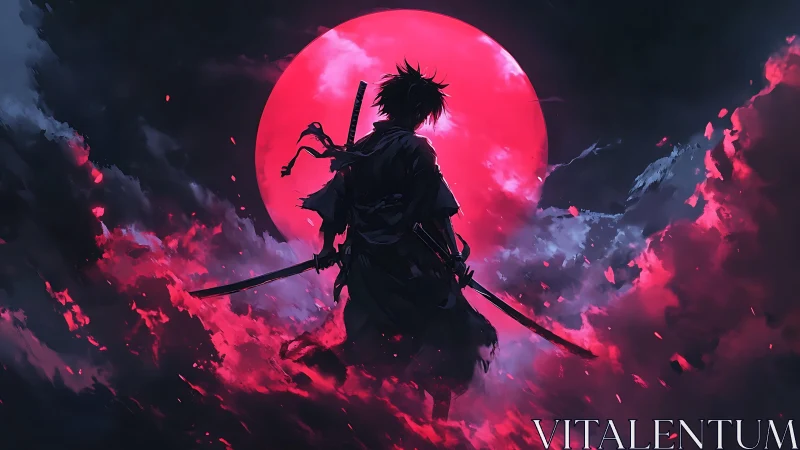 Backlit ronin silhouette under hyper-saturated crimson moon.