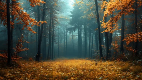 Atmospheric forest corridor with diffused golden autumn foliage and volumetric light diffusion.