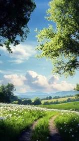 Sunlit country lane winding through wildflower meadows.