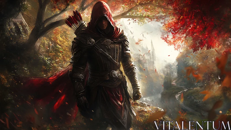 Hooded autumn ranger strides toward the mistbound castle.