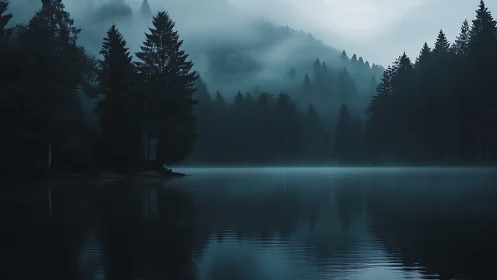 Misty Mountain Lake Reflects Serene Evergreen Forest