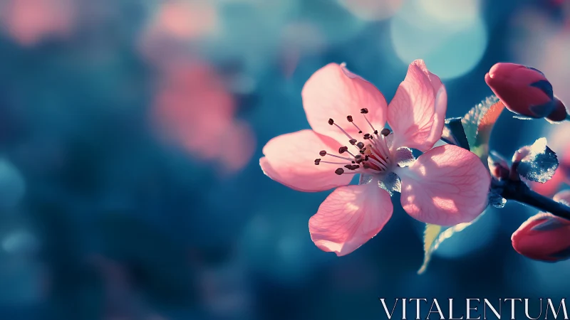 Pink Blossoms Backlit Against Teal Bokeh. Macro Photography Study.