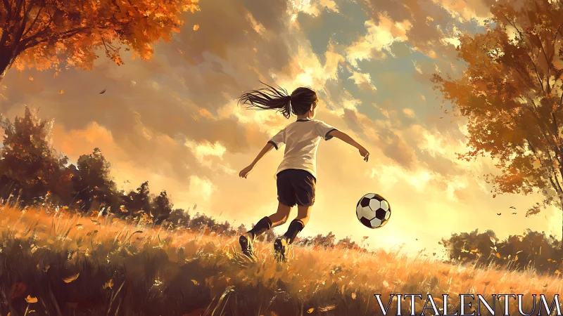 Girl running after soccer ball in autumn field at sunset.