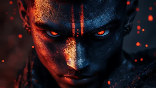 Infernal warrior portrait with molten ember eyes.