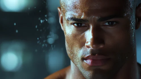 Sweat-drenched male face in intense close-up portrait.