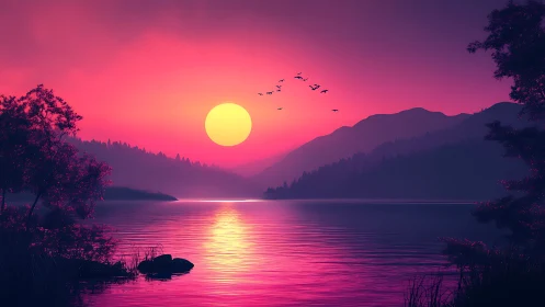 Neon sunset over tranquil lake with distant violet mountains.