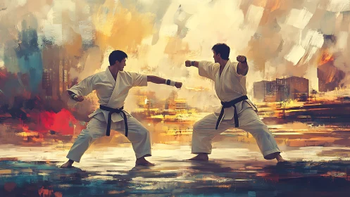 Karate partners trading focused moves in glowing city light.