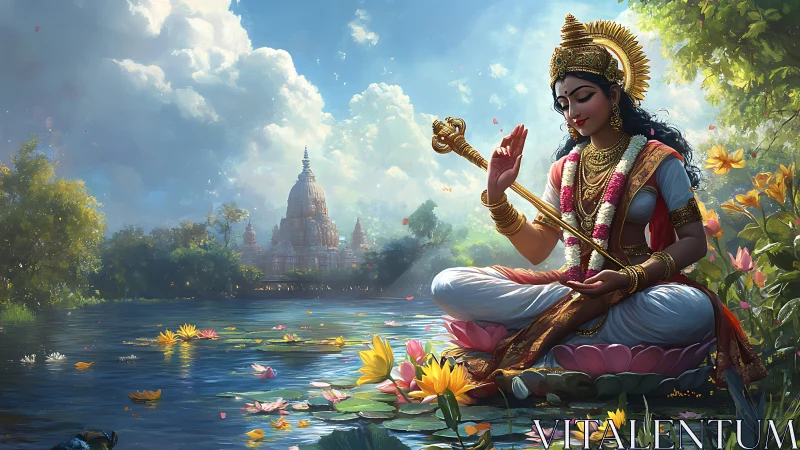 Lotus lake goddess in tranquil prayer before distant temple.