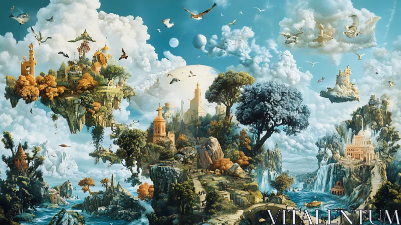 Floating citadel islands drift through a luminous fantasy sky