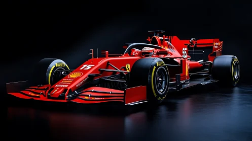 Red single-seater racing car on dark reflective studio floor.