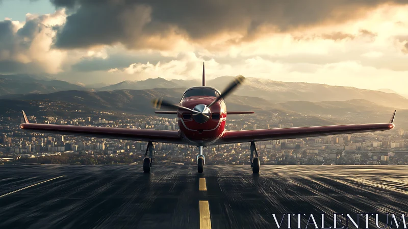 Crimson propeller plane poised above a sunlit city runway.