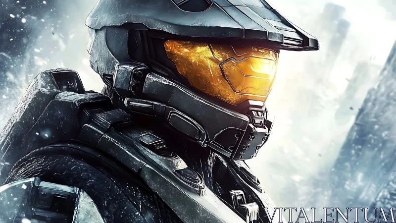 Lone auric-visor space sentinel in frozen ruins vigil.