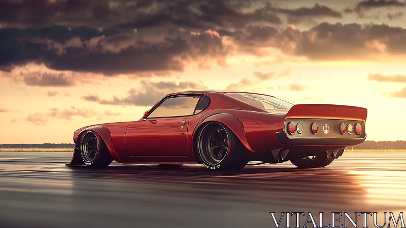 Low red muscle car rendering on wet track at sunset.