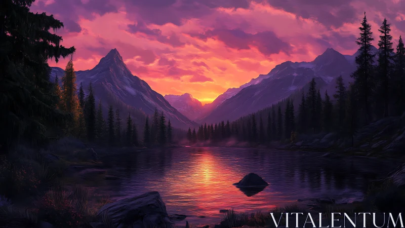 Digital landscape depicts mountain lake at sunset light