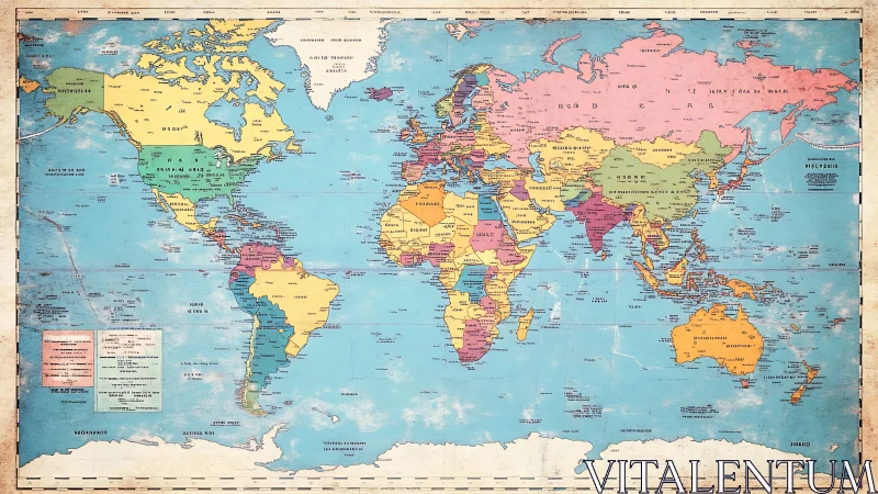 Vintage political world map presents colorful global borders