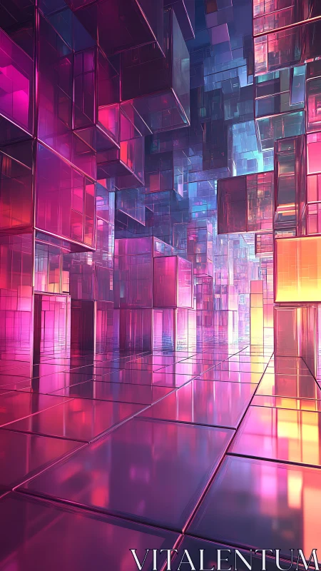 Chromatic glass cube corridor in luminous neon perspective.