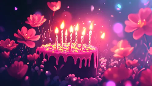 Luminescent Birthday Cake with Floral Bokeh Environment.