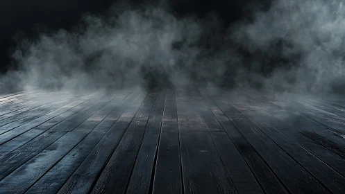 Moody wooden stage floor wrapped in drifting silver fog.