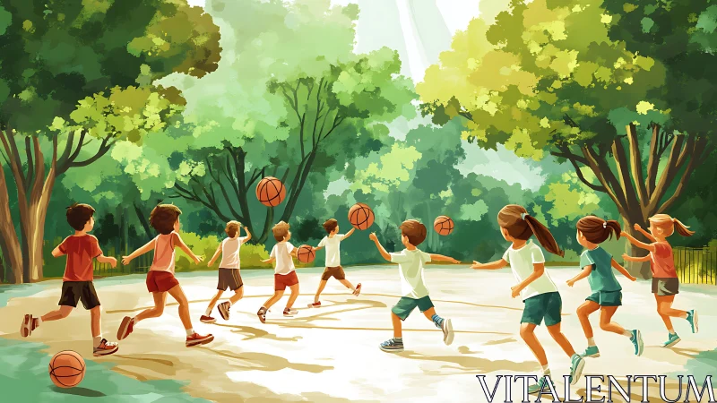 Children play basketball under dappled forest sunlight