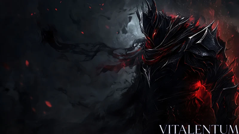 Shadow-wreathed dark knight radiates crimson inferno power.