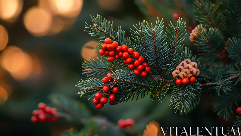Evergreen needles, red berries, and pine cones glow in bokeh light.