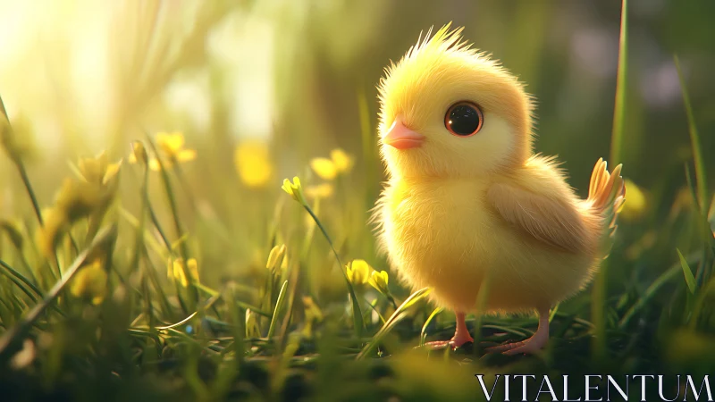 Fluffy Yellow Chick in Spring Meadow.
