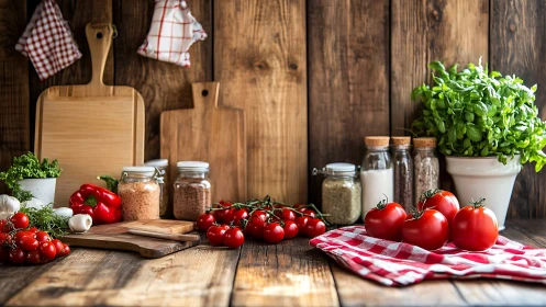 Sunlit rustic kitchen scene welcomes fresh tomatoes and herbs