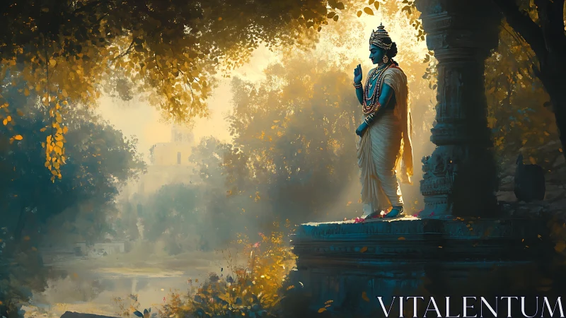 Serene blue deity statue glows in golden forest light
