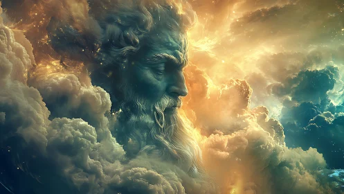 Elderly male face forms from colored clouds and cosmic light