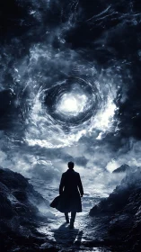 Silhouetted figure walks toward swirling luminous sky vortex
