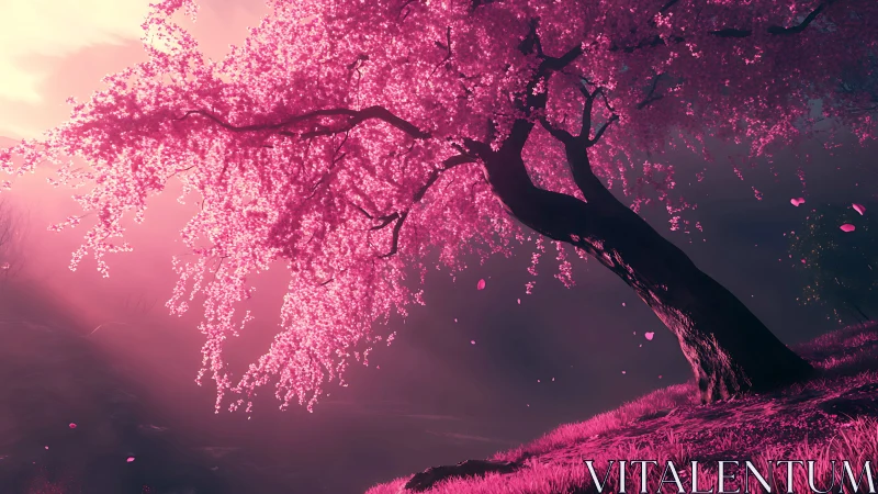 Luminescent cherry tree bends over dreamlike pink valley.