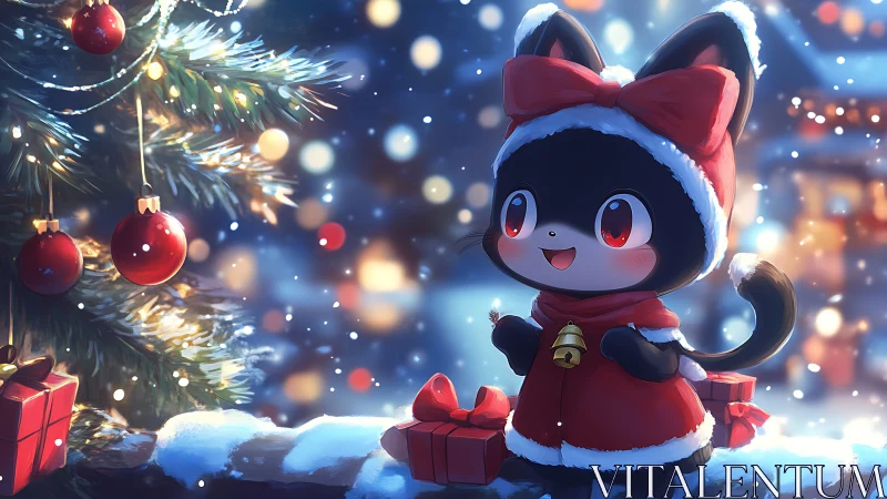 Black cat character in red winter outfit near decorated tree.