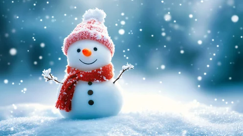 Snowy optimist in red scarf welcomes the falling winter hush